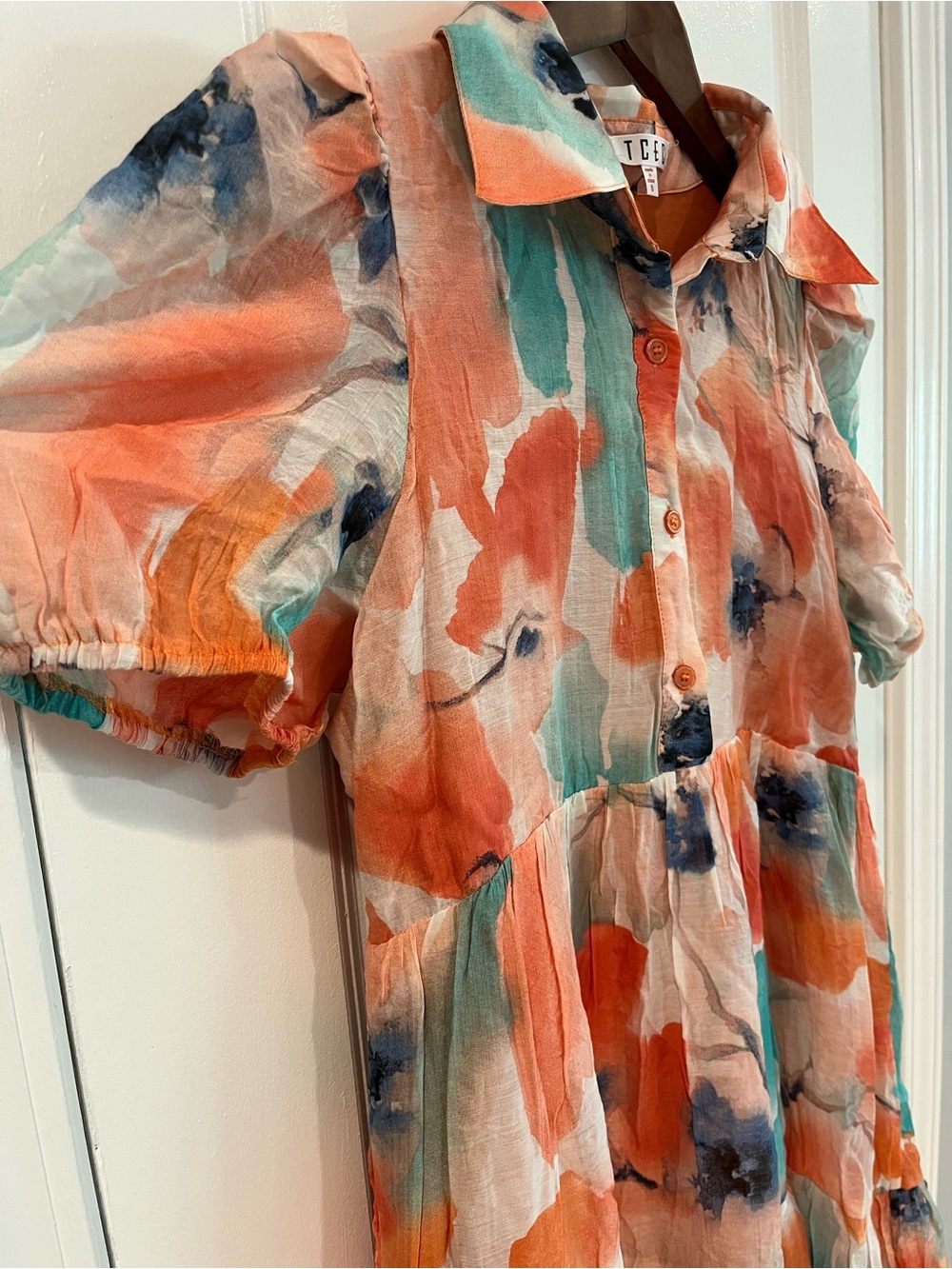 TCEC Coral, Teal & Navy Watercolor Tiered Maxi Dress - Picture 2 of 7